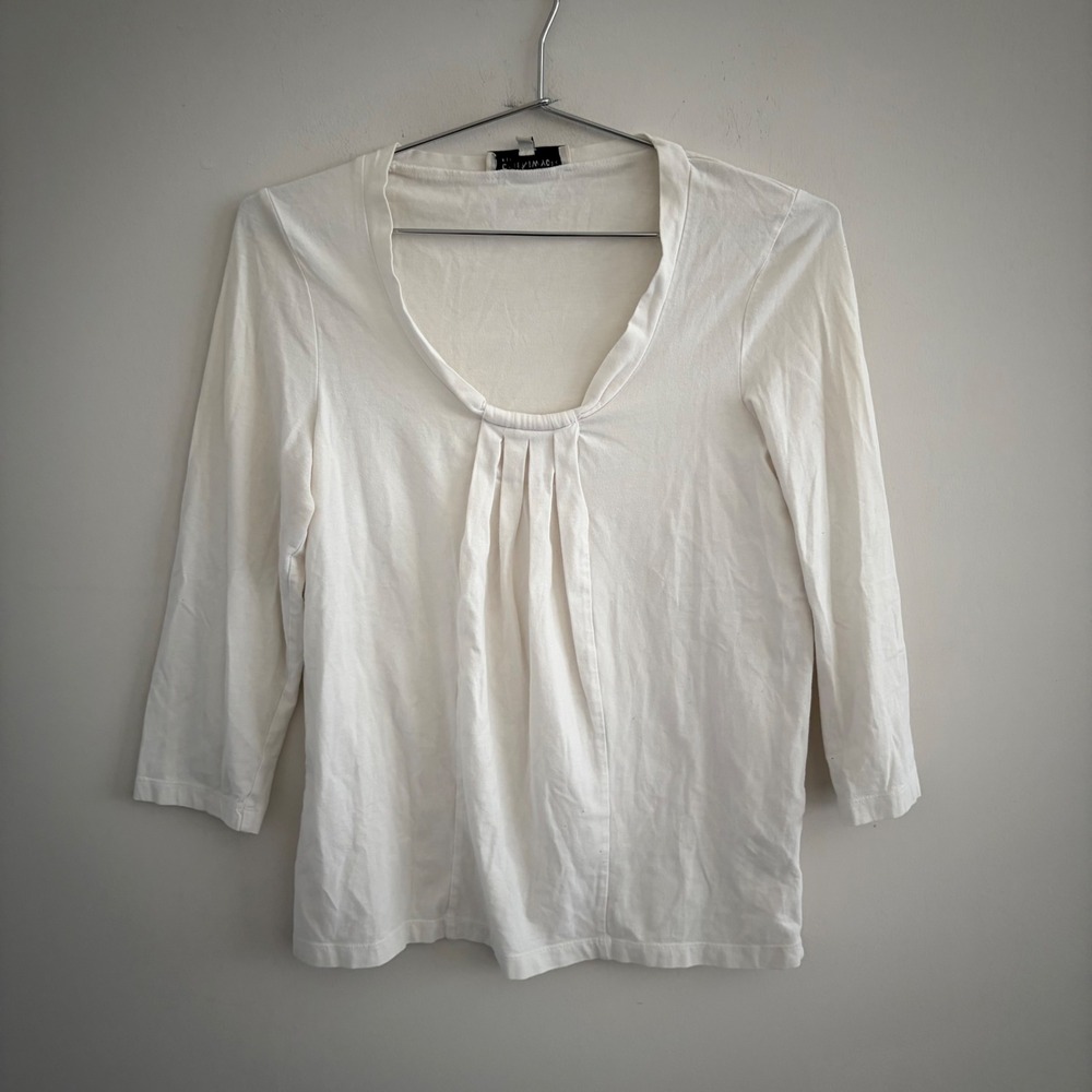 Jones New York Sport White Pleated Scoop Neck 3/4 Sleeve Top Small